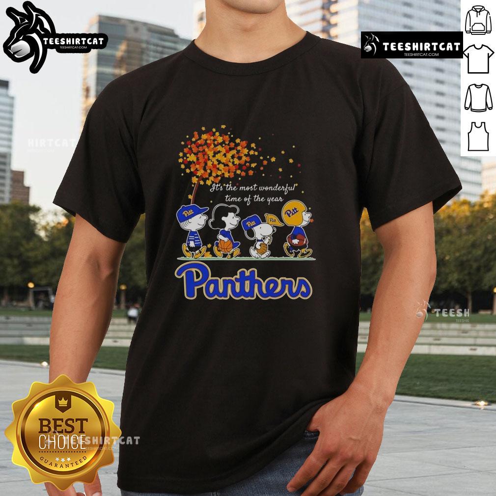 Happy Snoopy and Friends wearing Pitt Panthers gear on an autumn t-shirt, celebrating 'It's the Most Wonderful Time of the Year.'