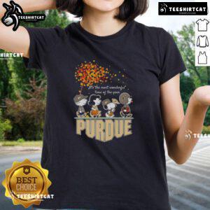 Alt Text: Happy Snoopy and friends in Purdue sports team gear celebrating autumn on a ladies tee, perfect for the season.