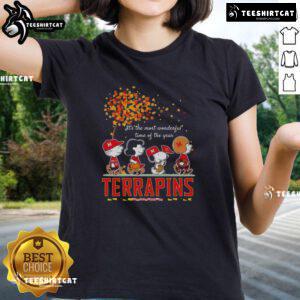 Alt Text: Happy Snoopy and friends in autumn-themed Terrapins sports team tee, celebrating 'It's the Most Wonderful Time of the Year'.
