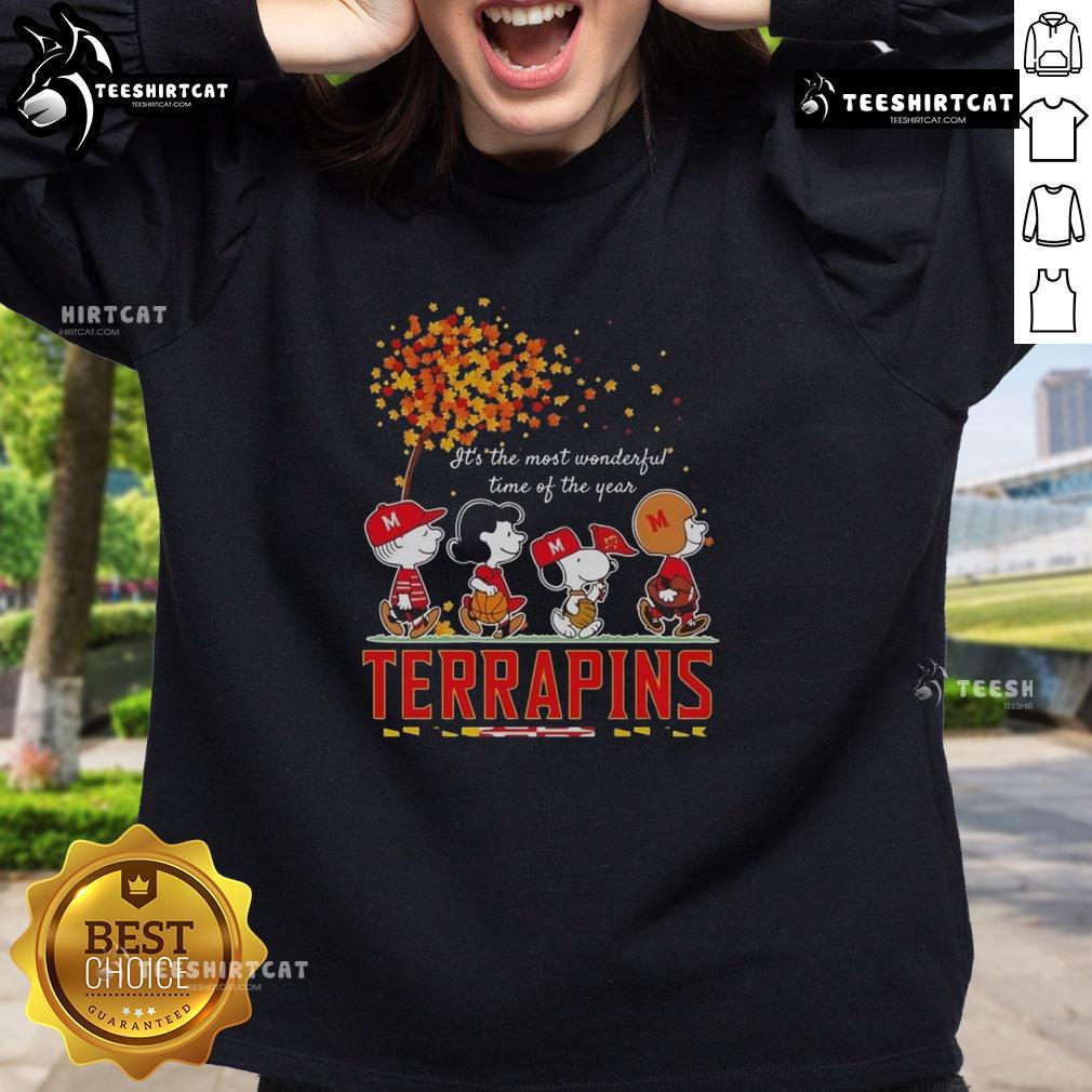Alt Text: Happy Snoopy and Friends on Terrapins sports team sweatshirt, celebrating autumn and the most wonderful time of the year.