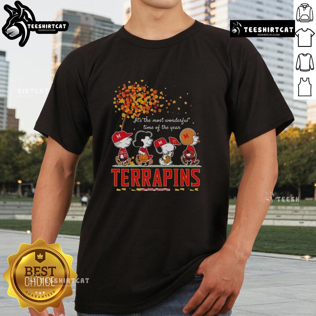 Happy Snoopy and Friends wearing autumn T-shirt for Terrapins sports team, celebrating It's the Most Wonderful Time of the Year.