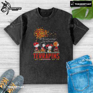 Alt Text: Happy Snoopy and Friends terrapins sports team autumn washed t-shirt celebrating the most wonderful time of the year.