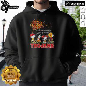 Alt Text: Happy Snoopy and friends wearing Trojans sports team hoodies, celebrating autumn and the most wonderful time of the year.