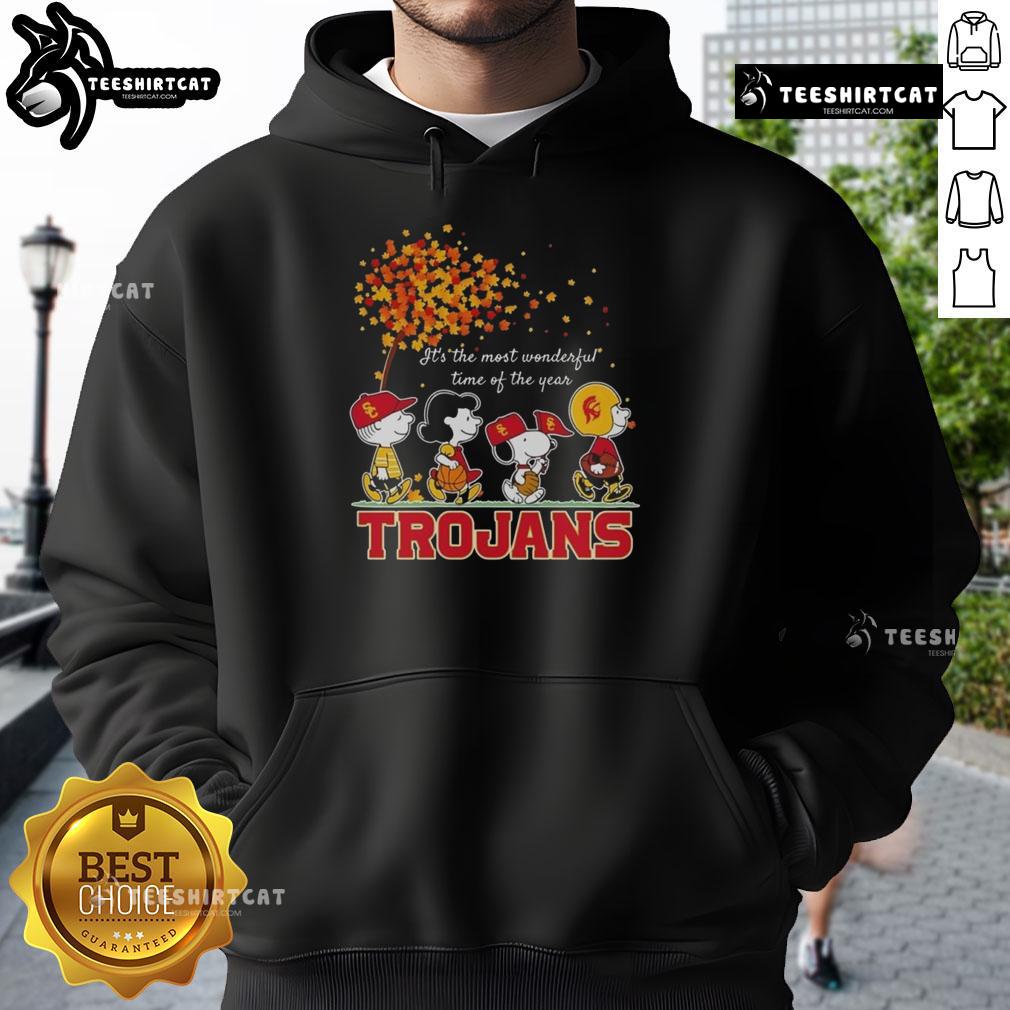 Alt Text: Happy Snoopy and friends wearing Trojans sports team hoodies, celebrating autumn and the most wonderful time of the year.