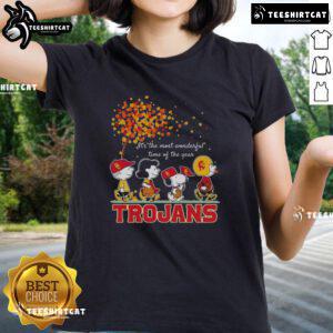 Happy Snoopy and friends on a Trojans sports team autumn tee, celebrating the most wonderful time of the year.