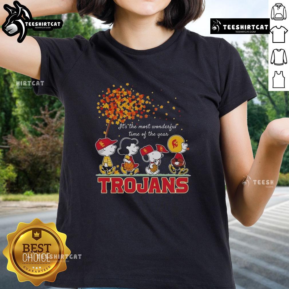 Happy Snoopy and friends on a Trojans sports team autumn tee, celebrating the most wonderful time of the year.