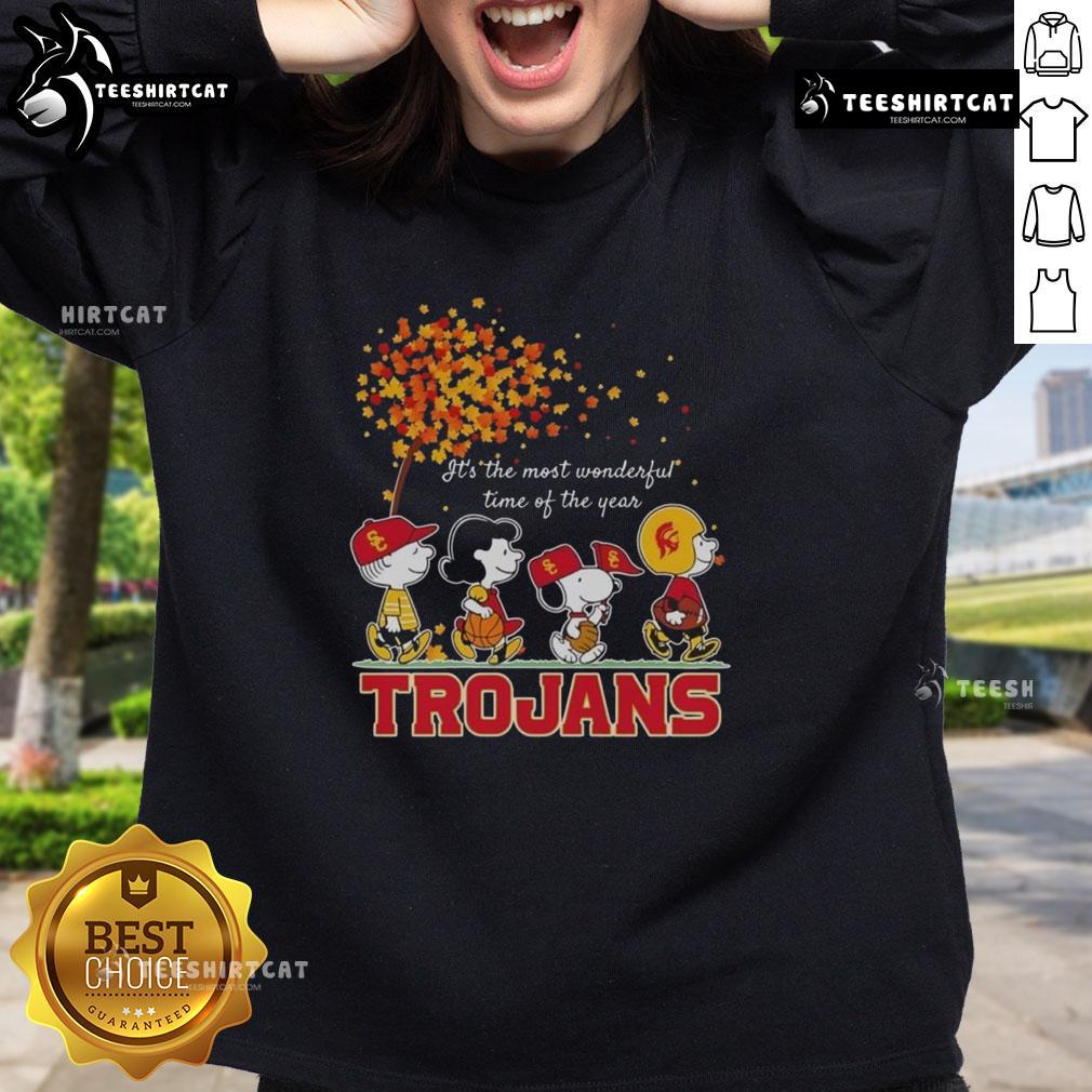 Alt Text: Happy Snoopy and friends in Trojans sports team autumn sweatshirt celebrating the most wonderful time of the year.