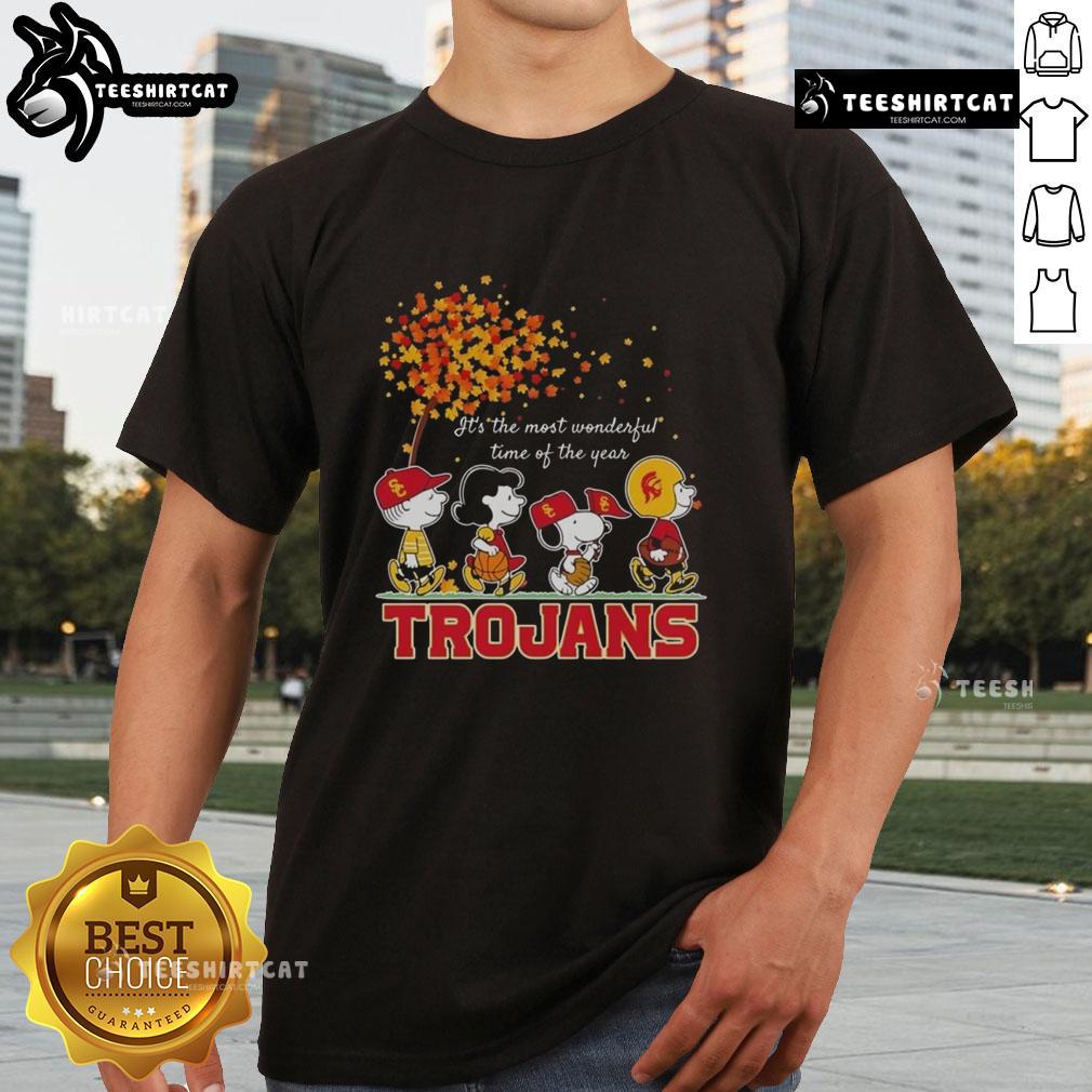 Happy Snoopy and Friends Trojans sports team autumn T-shirt, celebrating the most wonderful time of the year.