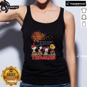 Happy Snoopy and friends wearing Trojans sports team apparel in autumn tank tops, celebrating the most wonderful time of the year.