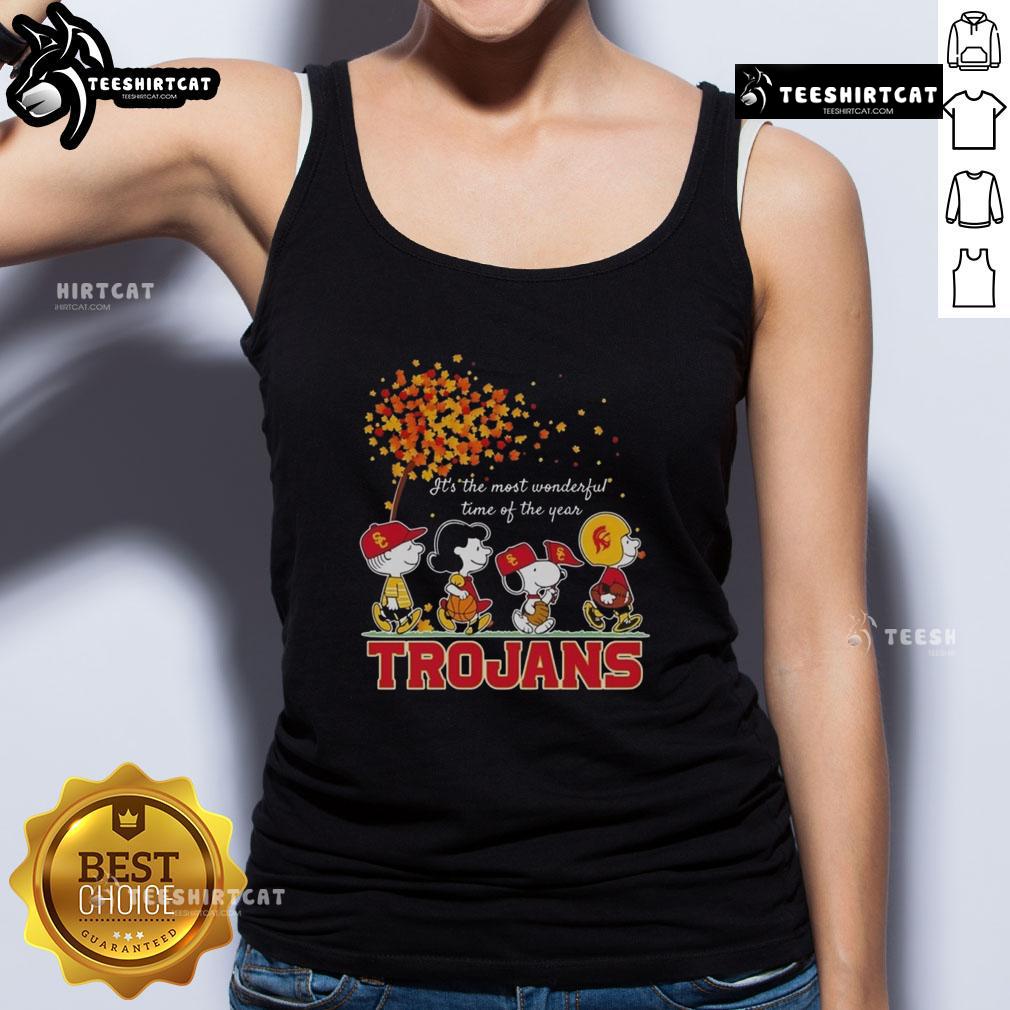 Happy Snoopy and friends wearing Trojans sports team apparel in autumn tank tops, celebrating the most wonderful time of the year.