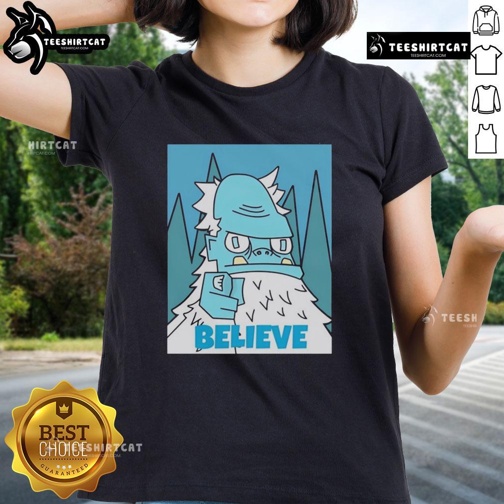 Stylish 'Nice Abominable Snowman Believe' ladies tee featuring a playful snowman design, perfect for winter wear.