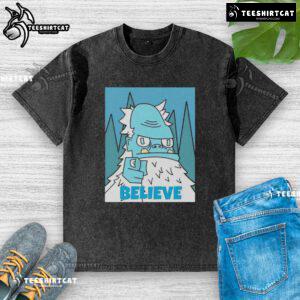 Nice Abominable Snowman Believe washed t-shirt featuring a playful snowman graphic and vibrant colors.
