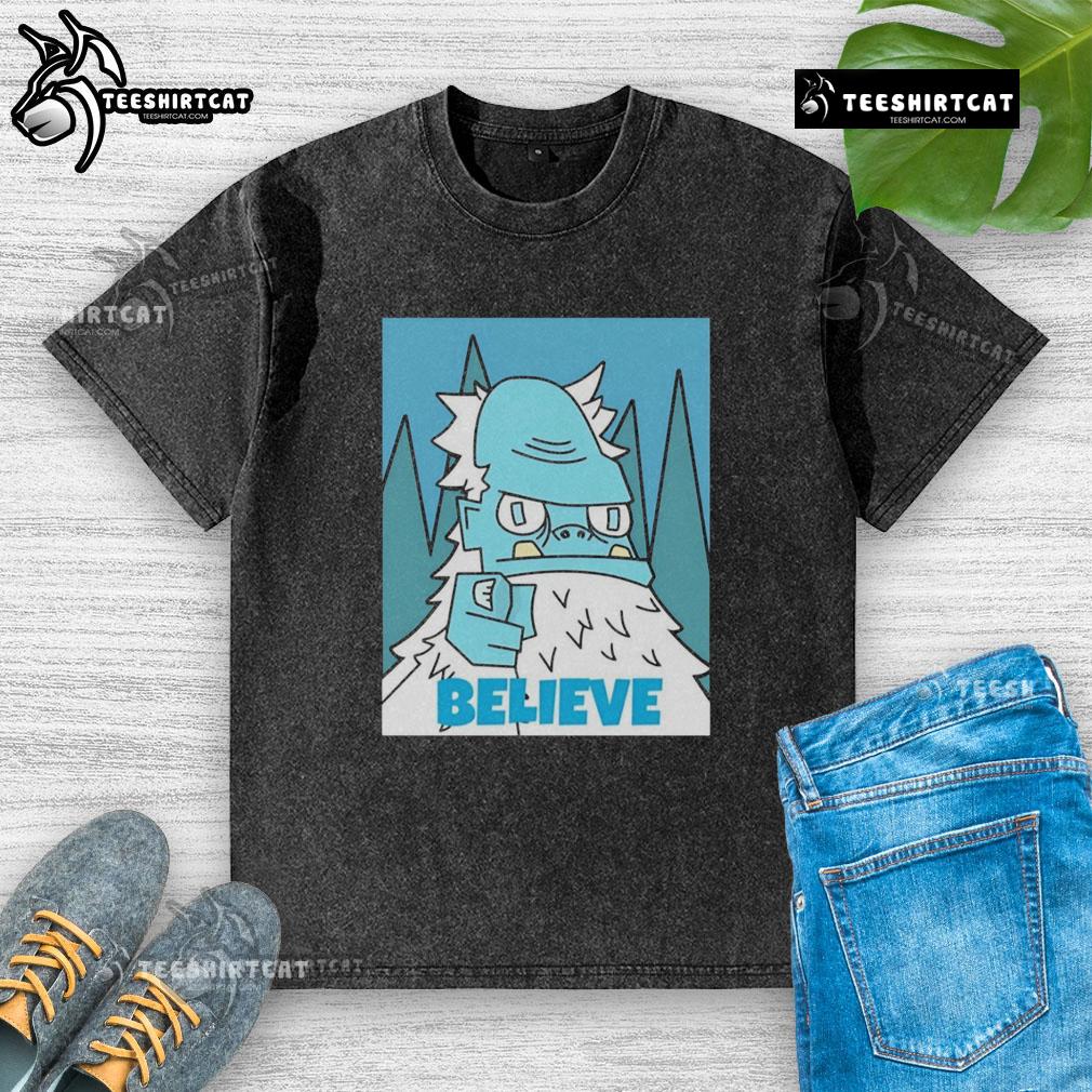 Nice Abominable Snowman Believe washed t-shirt featuring a playful snowman graphic and vibrant colors.