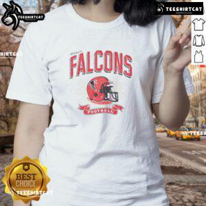 Alt Text: Vintage distressed Atlanta Falcons football helmet graphic on a stylish ladies tee, perfect for fans and casual wear.