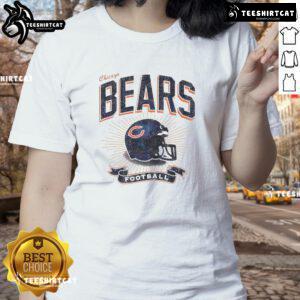 Vintage distressed Chicago Bears football helmet on a ladies tee, perfect for fans of retro NFL apparel.