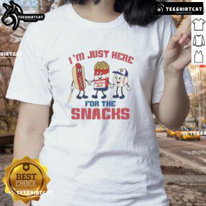 Nice Chicago Cubs I'm Just Here For The Snacks Ladies Tee featuring a fun design for Cubs fans and snack lovers.