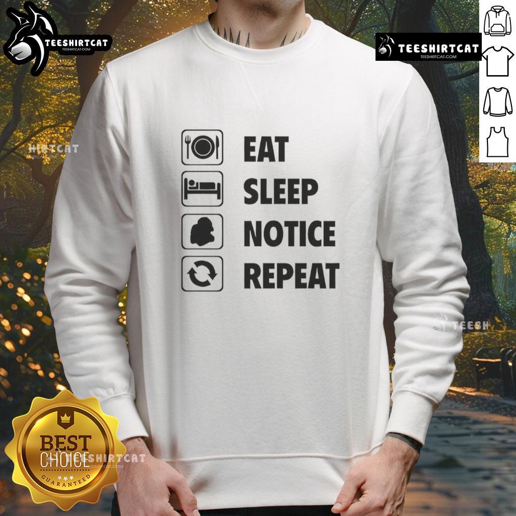 Alt Text: Cozy 'Eat Sleep Notice Repeat 2025' sweatshirt, perfect for casual wear and expressing a fun lifestyle mantra.