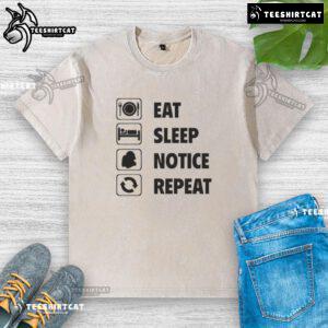 2025 washed t-shirt featuring 'Eat Sleep Notice Repeat' slogan, perfect for casual wear and relaxed lifestyle.