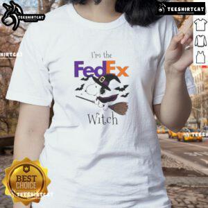 Nice FedEx x Snoopy I'm The Witch Halloween ladies tee featuring playful design for festive fall celebrations.