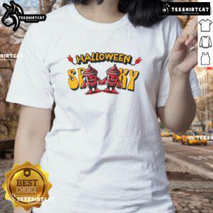 Spooky skeleton drink cup design on a ladies tee, perfect for Halloween celebrations and festive outings.