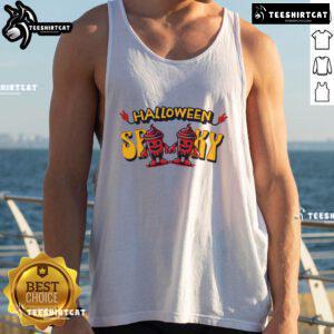 Spooky skeleton drink cup design on a Halloween-themed tank top, perfect for festive celebrations and Halloween parties.