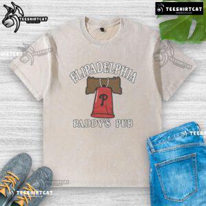 Nice It's Always Sunny in Philadelphia X Phillies Flipadelphia Paddy's Pub washed t-shirt displayed on a hanger.