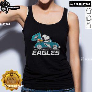 Philadelphia Eagles flag tank top featuring Snoopy and Woodstock driving a car, perfect for sports fans and casual wear.