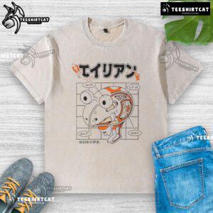 Nice Pikmin alien anatomy design on a classical Japanese art washed t-shirt, blending gaming and cultural aesthetics.