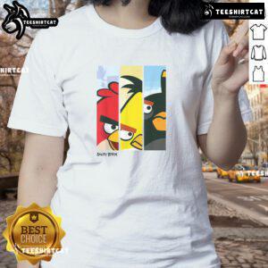 Official Angry Birds Retro Red Yellow Black Characters Face Panel Ladies Tee showcasing vibrant character designs.