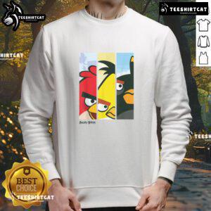 Alt Text: Official Angry Birds Retro Red Yellow Black Characters Face Panel Sweatshirt featuring iconic bird designs.