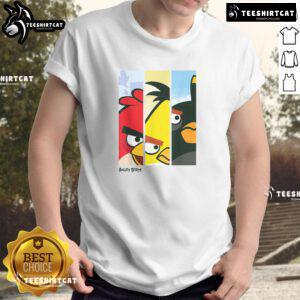 Official Angry Birds Retro T-Shirt featuring Red, Yellow, and Black characters in a vibrant face panel design.