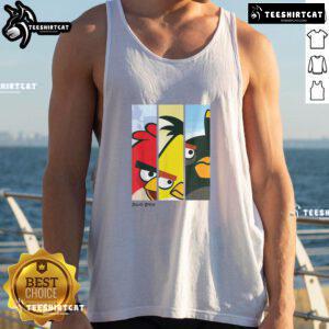 Alt Text: Retro Angry Birds tank top featuring red, yellow, and black character faces in a stylish panel design.