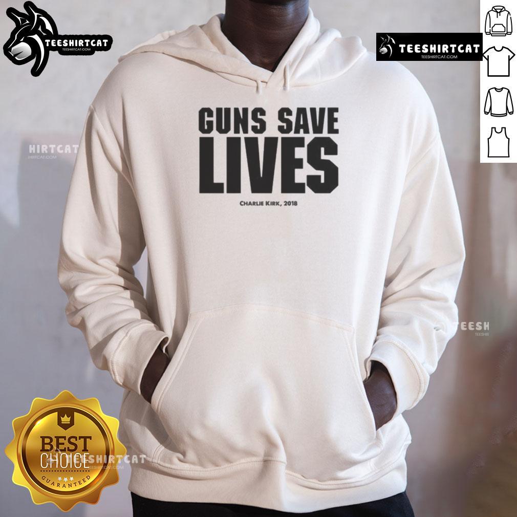 Charlie Kirk wearing 'Guns Save Lives' hoodie at 2018 event, promoting Second Amendment rights and personal freedom.