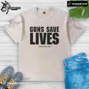 Official Charlie Kirk 'Guns Save Lives' 2018 washed t-shirt showcasing pro-Second Amendment message in casual style.