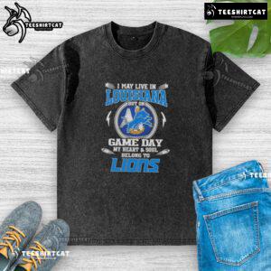 Official washed t-shirt: 'I may live in Louisiana, but my heart belongs to Detroit Lions' for game day fans.