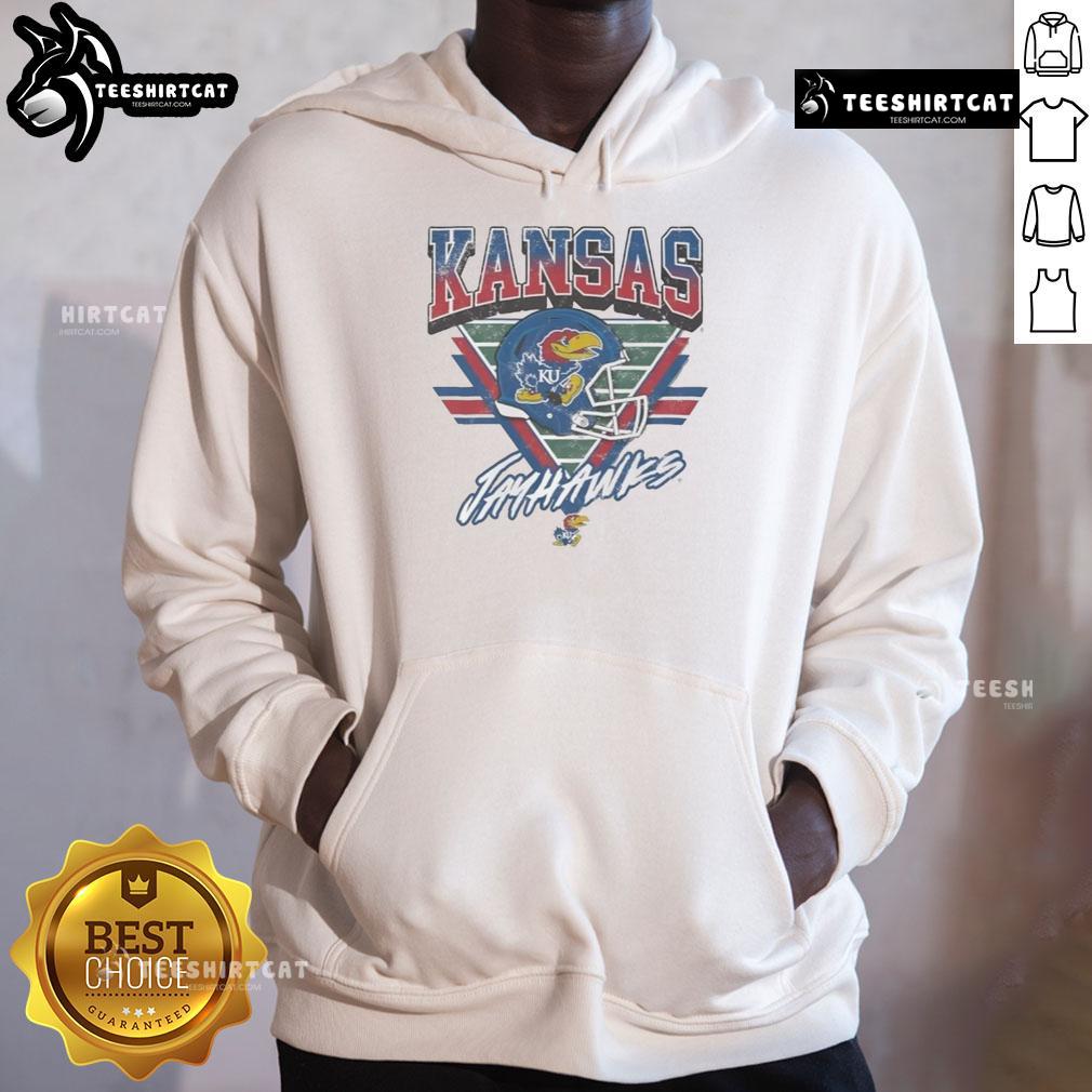 Official Kansas Jayhawks Triangle Vintage Hoodie in blue, featuring the team's logo and a stylish, retro design.
