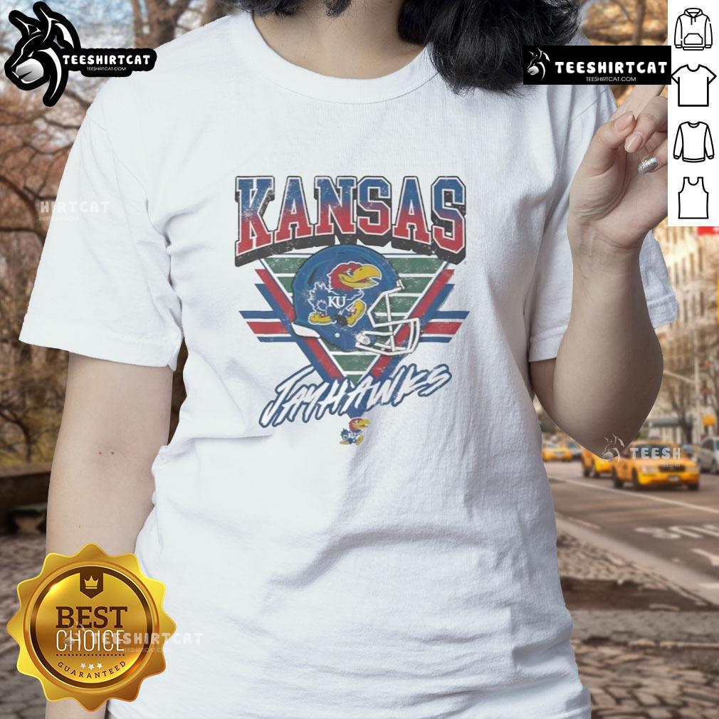 Alt Text: Vintage ladies tee featuring the official Kansas Jayhawks logo in a stylish triangle design. Perfect for fans!