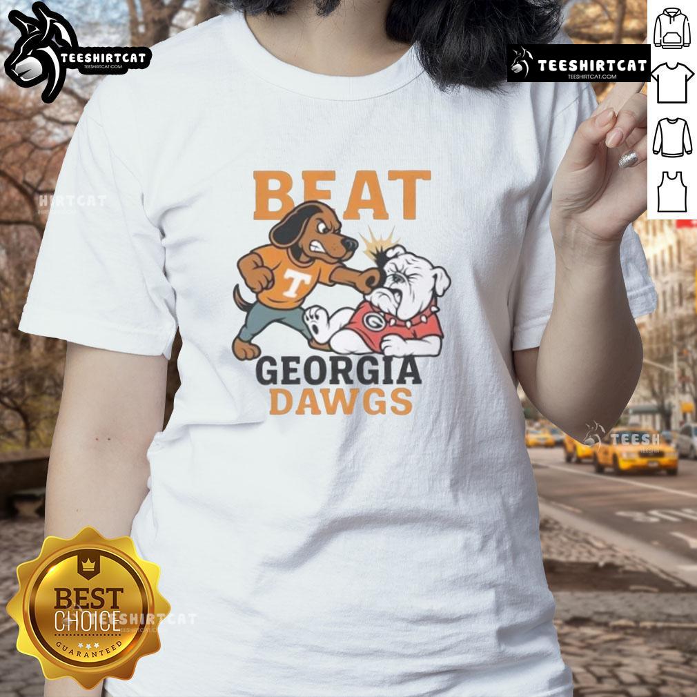Alt Text: Official Tennessee Volunteers mascots celebrate victory over Georgia Bulldogs in stylish ladies' tee.
