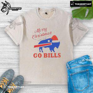 Alt Text: Official Merry Christmas Buffalo Bills washed t-shirt featuring festive design for fans celebrating the holiday season.