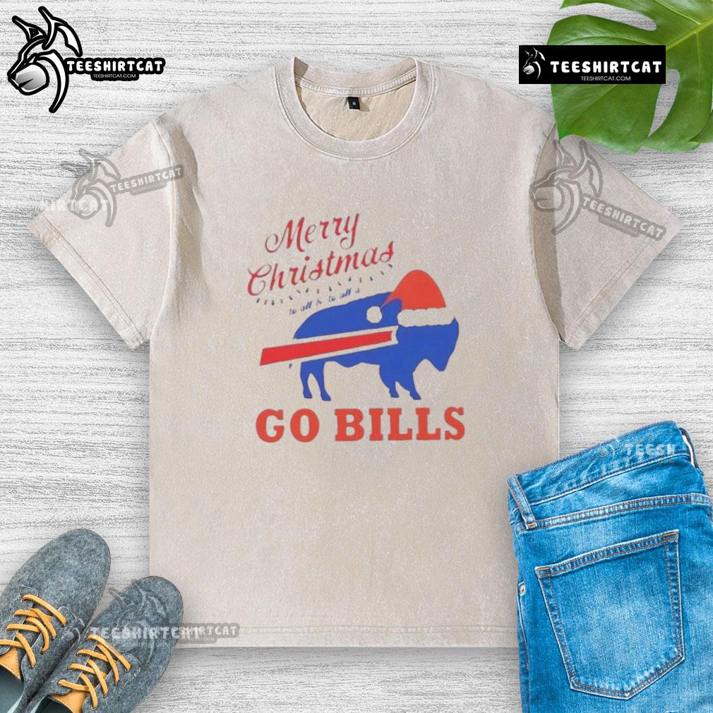 Alt Text: Official Merry Christmas Buffalo Bills washed t-shirt featuring festive design for fans celebrating the holiday season.