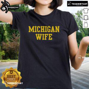 Official Michigan Wife Ladies Tee in navy blue, featuring stylish script design, perfect for showcasing Michigan pride.