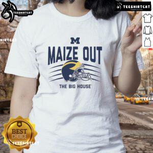 Official Michigan Wolverines Maize Out The Big House Scratch Helmet ladies tee, showcasing team spirit and style.