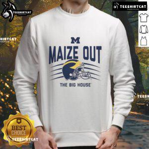 Official Michigan Wolverines Maize Out The Big House sweatshirt featuring a scratch helmet design, perfect for fans.