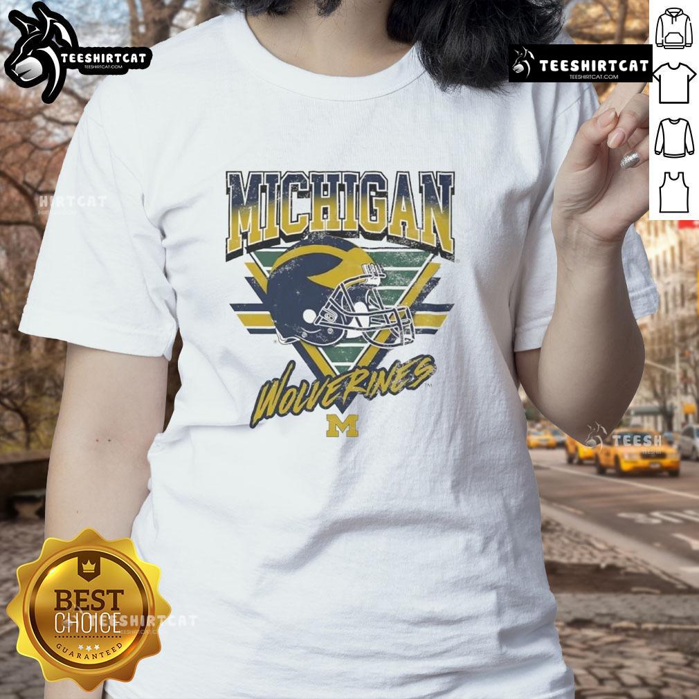 Official Michigan Wolverines Triangle Vintage Ladies Tee showcasing a stylish design for female fans of the Wolverines.