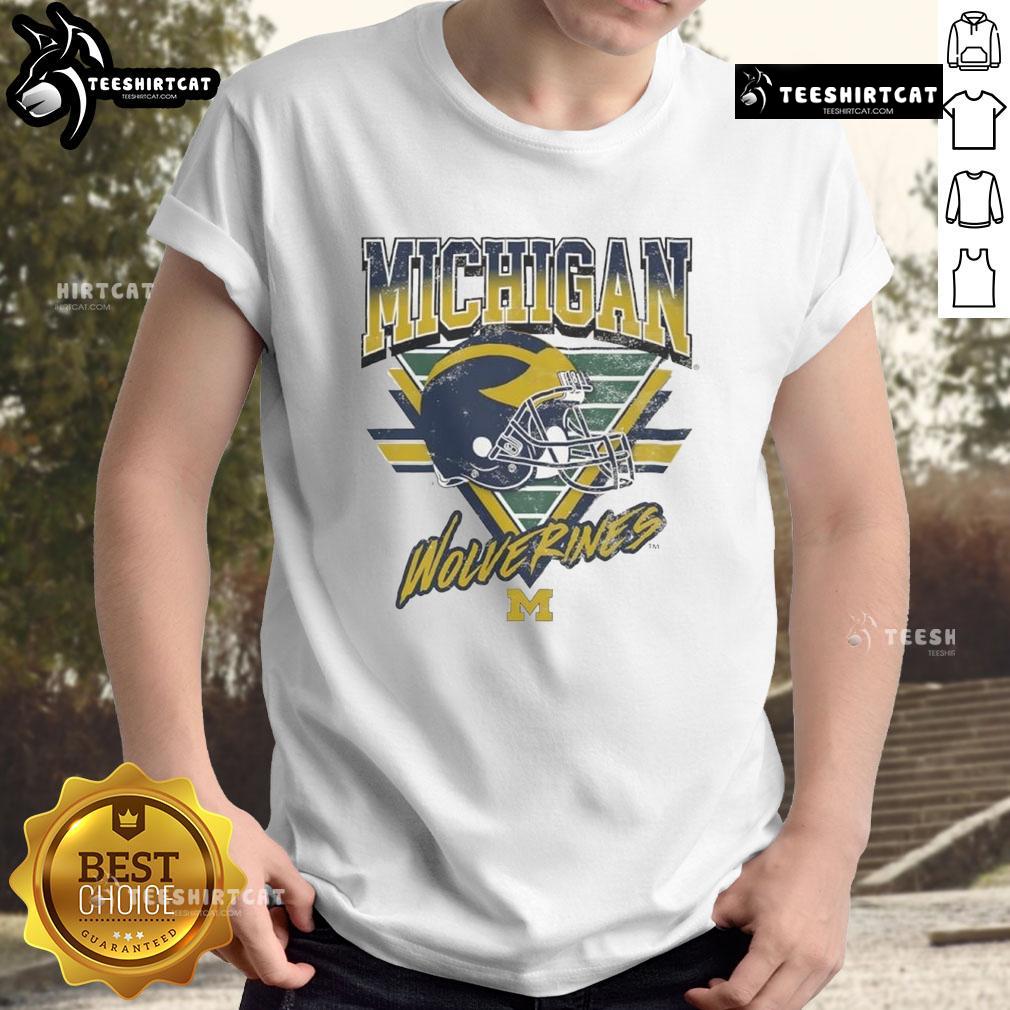 Official Michigan Wolverines Triangle Vintage T-Shirt featuring classic logo and retro design in navy and maize colors.