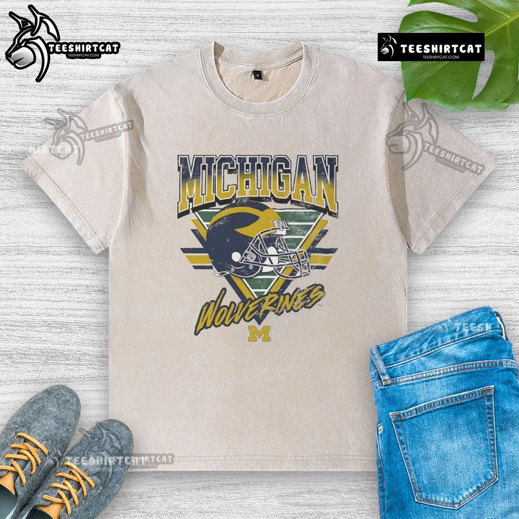 Official Michigan Wolverines Triangle Vintage Washed T-Shirt featuring a classic logo design in blue and maize.