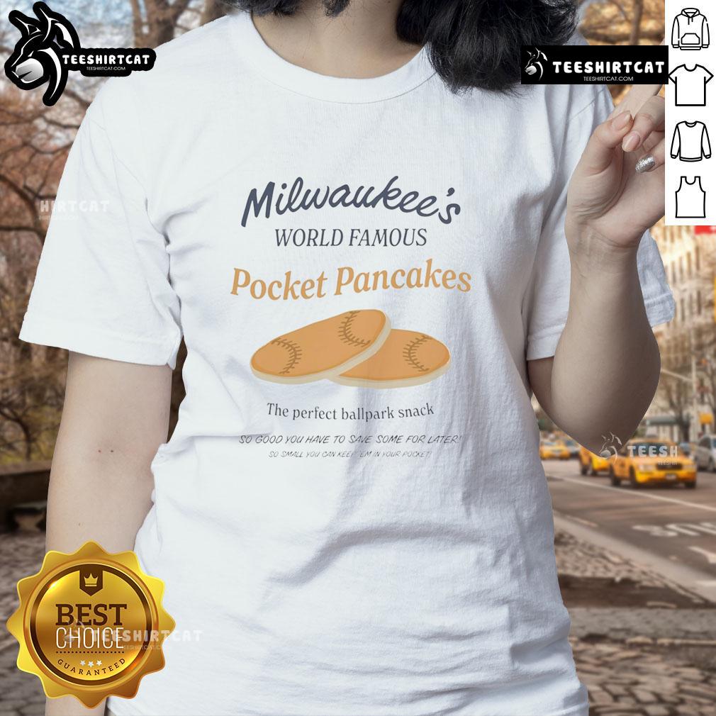 Official Milwaukee's World Famous Pocket Pancakes ladies tee featuring vibrant design and comfortable fit.