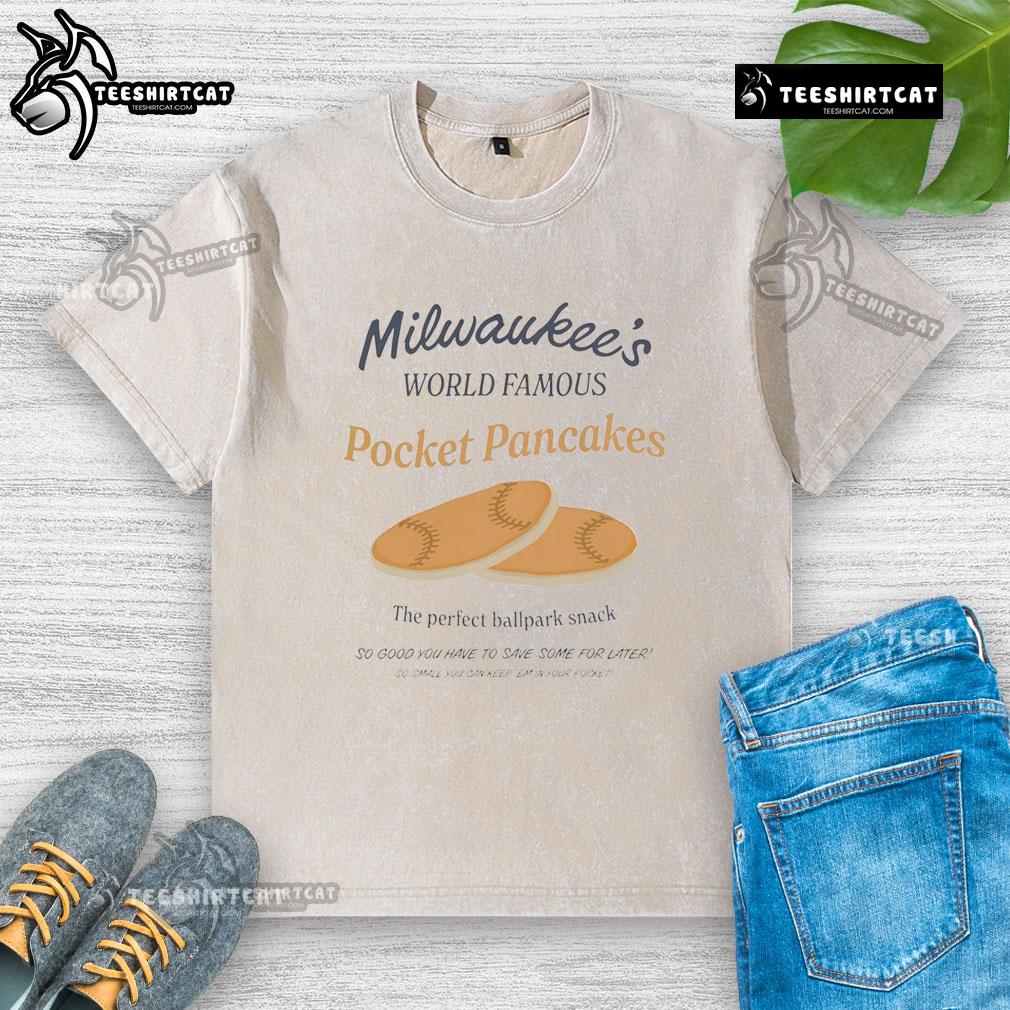 Official Milwaukee's World Famous Pocket Pancakes washed t-shirt featuring a trendy design perfect for casual wear.