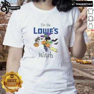 Official Minnie Mouse 'I'm Lowes Witch' Trick or Treat Halloween Ladies Tee featuring vibrant graphics and festive design.