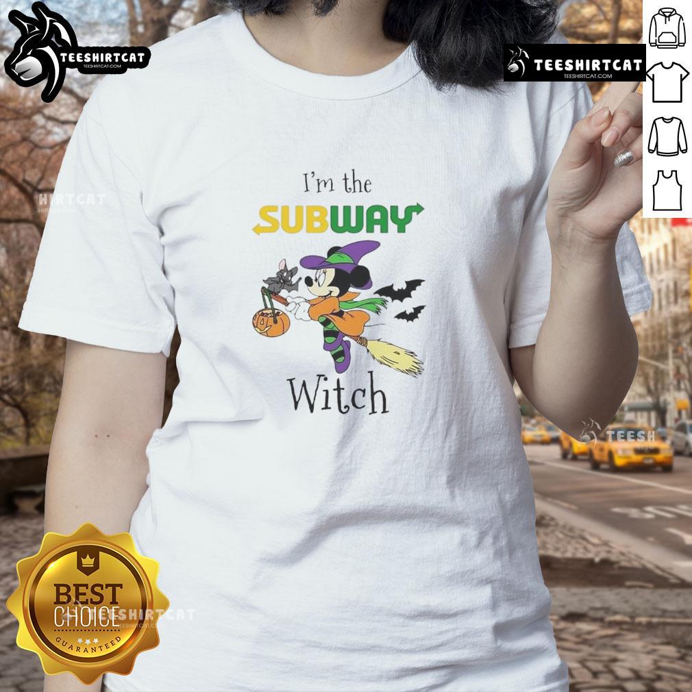 Official Minnie Mouse I'm Subway Witch Trick or Treat Halloween Ladies Tee featuring a fun and festive design for Halloween.